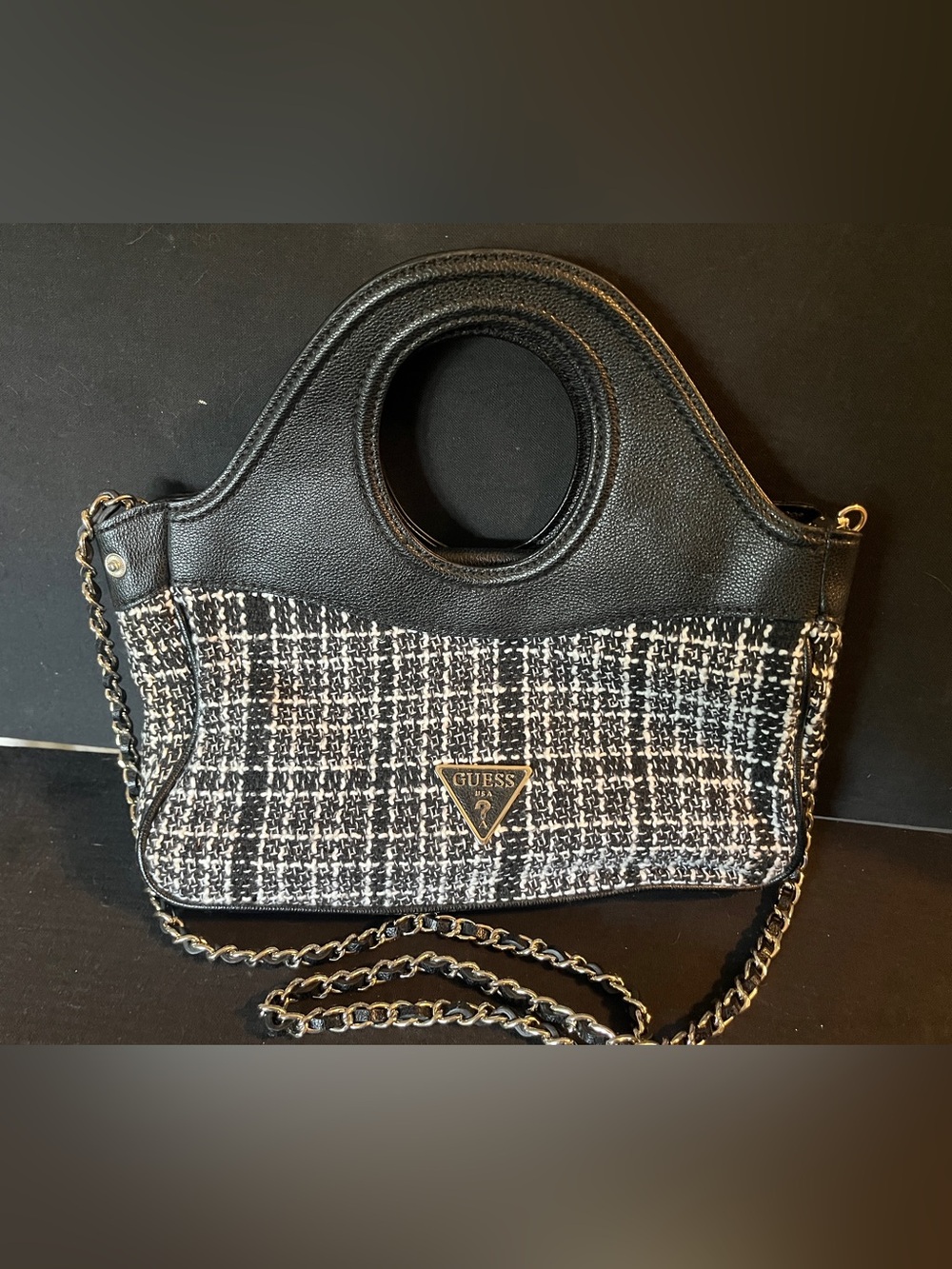GUESS Black & White Tweed Circle-Handle Crossbody Bag
